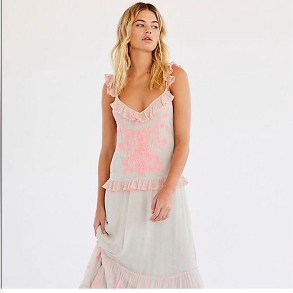 Free People Embroidered Maxi Dress Boho Ruffle Floral Size S - Picture 6 of 15